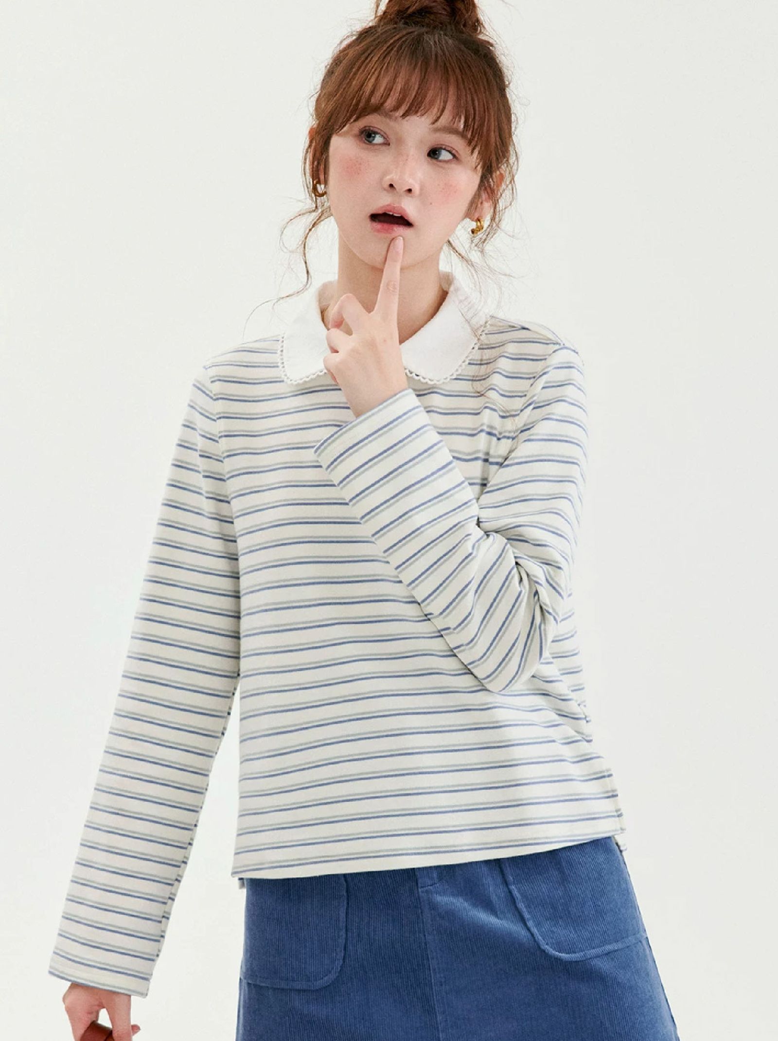 甜美花邊翻領藍條紋T恤女秋新款側開叉長袖上衣