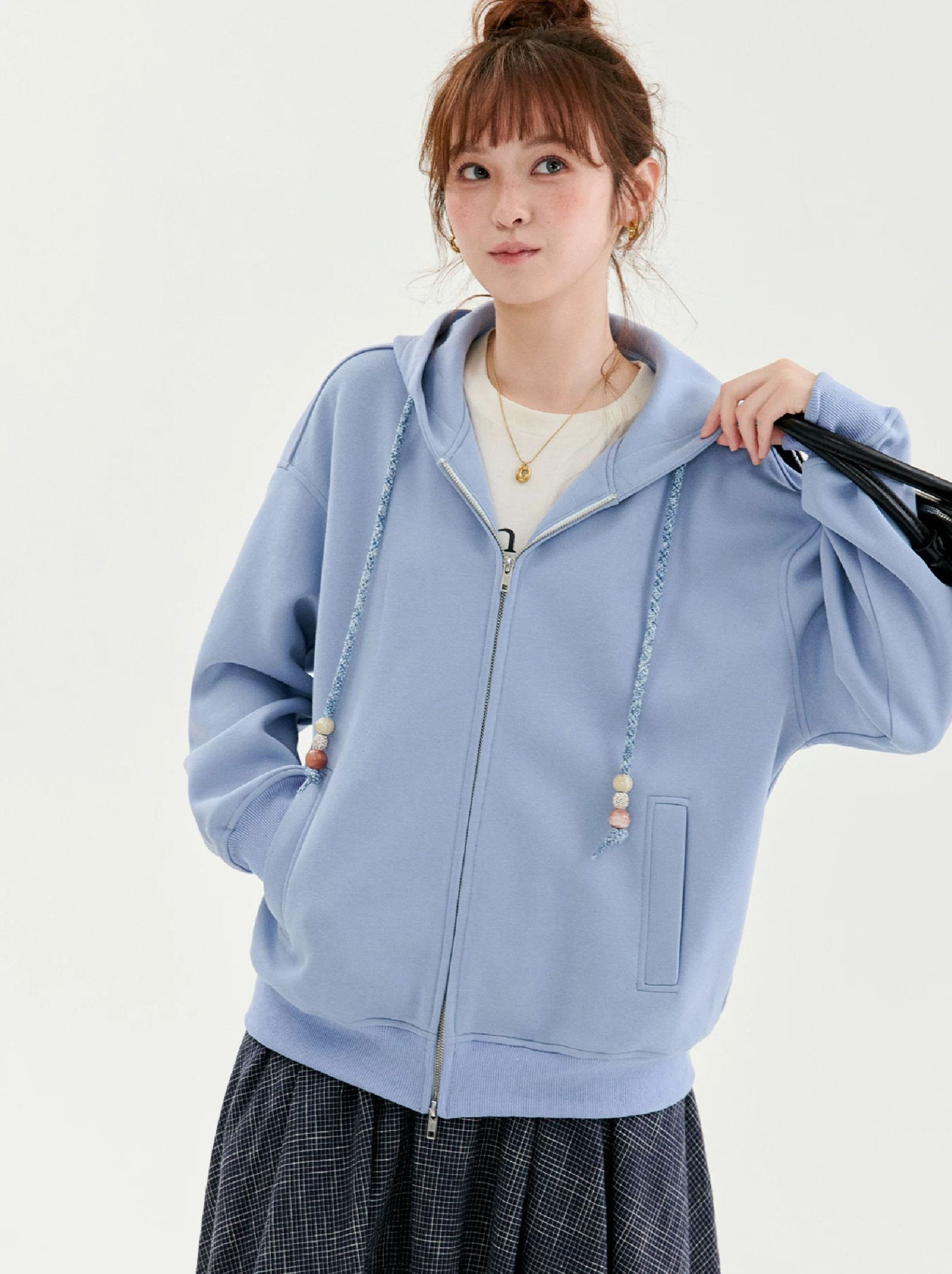 少女感藍色連帽拉鍊外套女秋季新款寬鬆衛衣上衣
