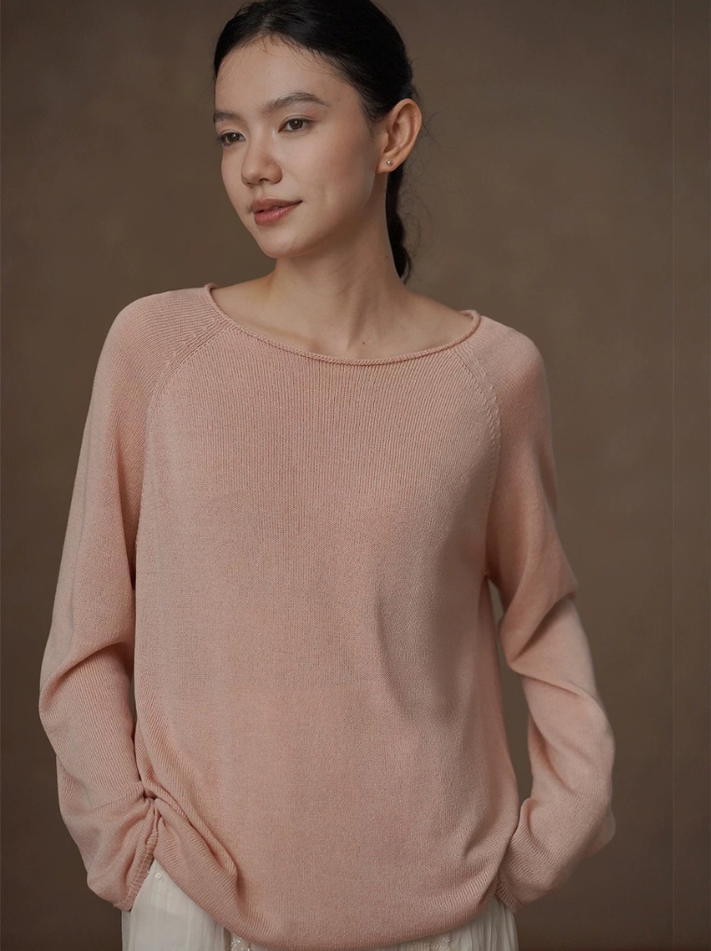 軟嫩杏子顯白配色萊賽爾亞麻混紡寬鬆圓領顯瘦針織上衣