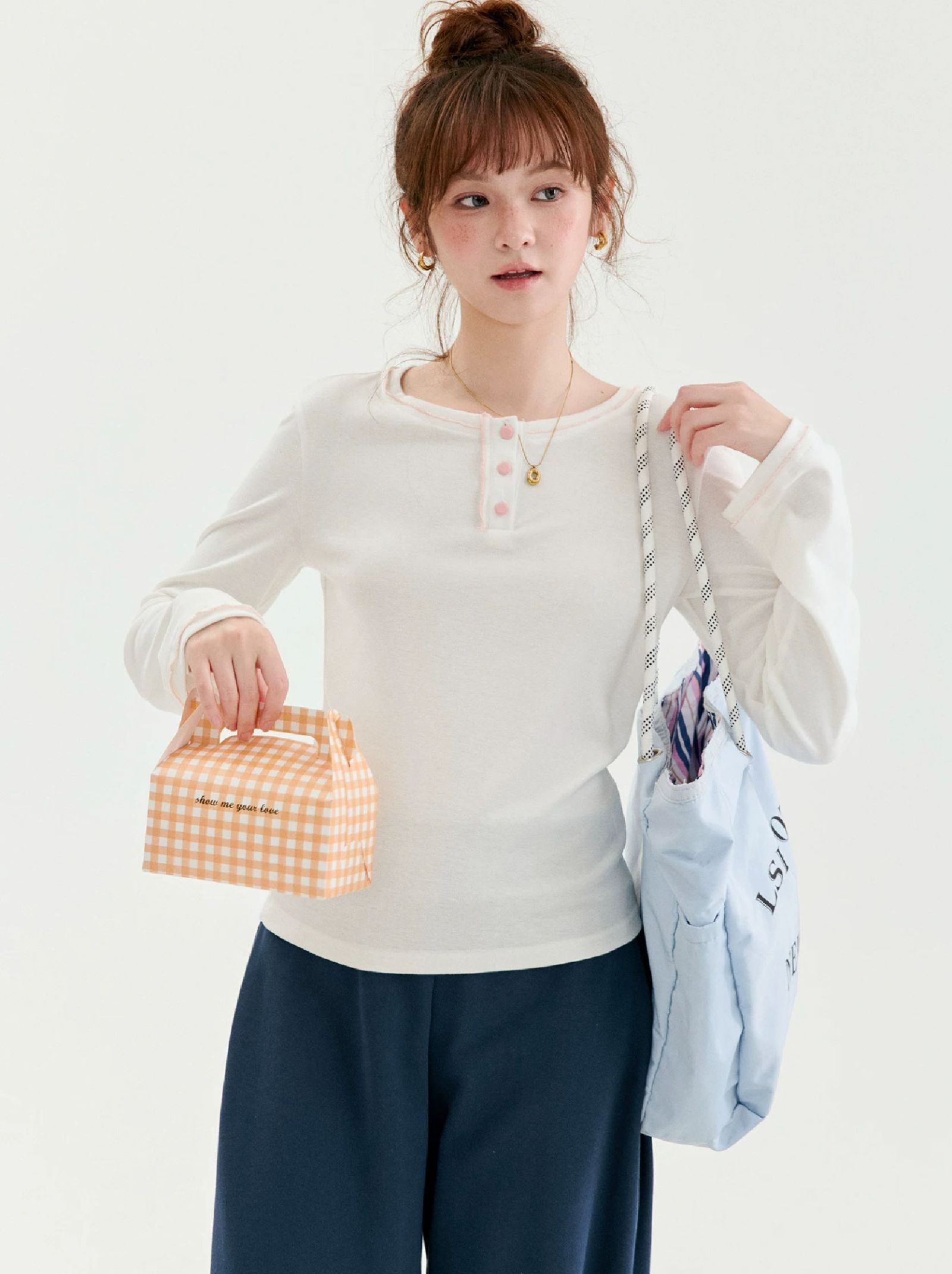撞色邊圓領長袖顯瘦T恤女秋季新款通勤百搭上衣
