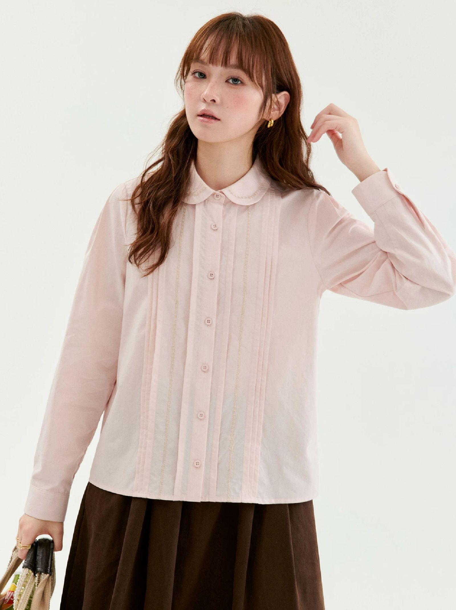 粉紅澗條娃娃領萊賽爾襯衫女秋新款甜美長袖上衣