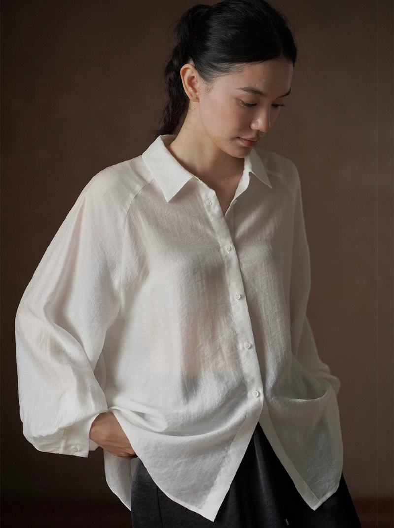 輕柔朦朧柔軟垂感真絲人棉混紡長袖寬鬆顯瘦通勤襯衫女
