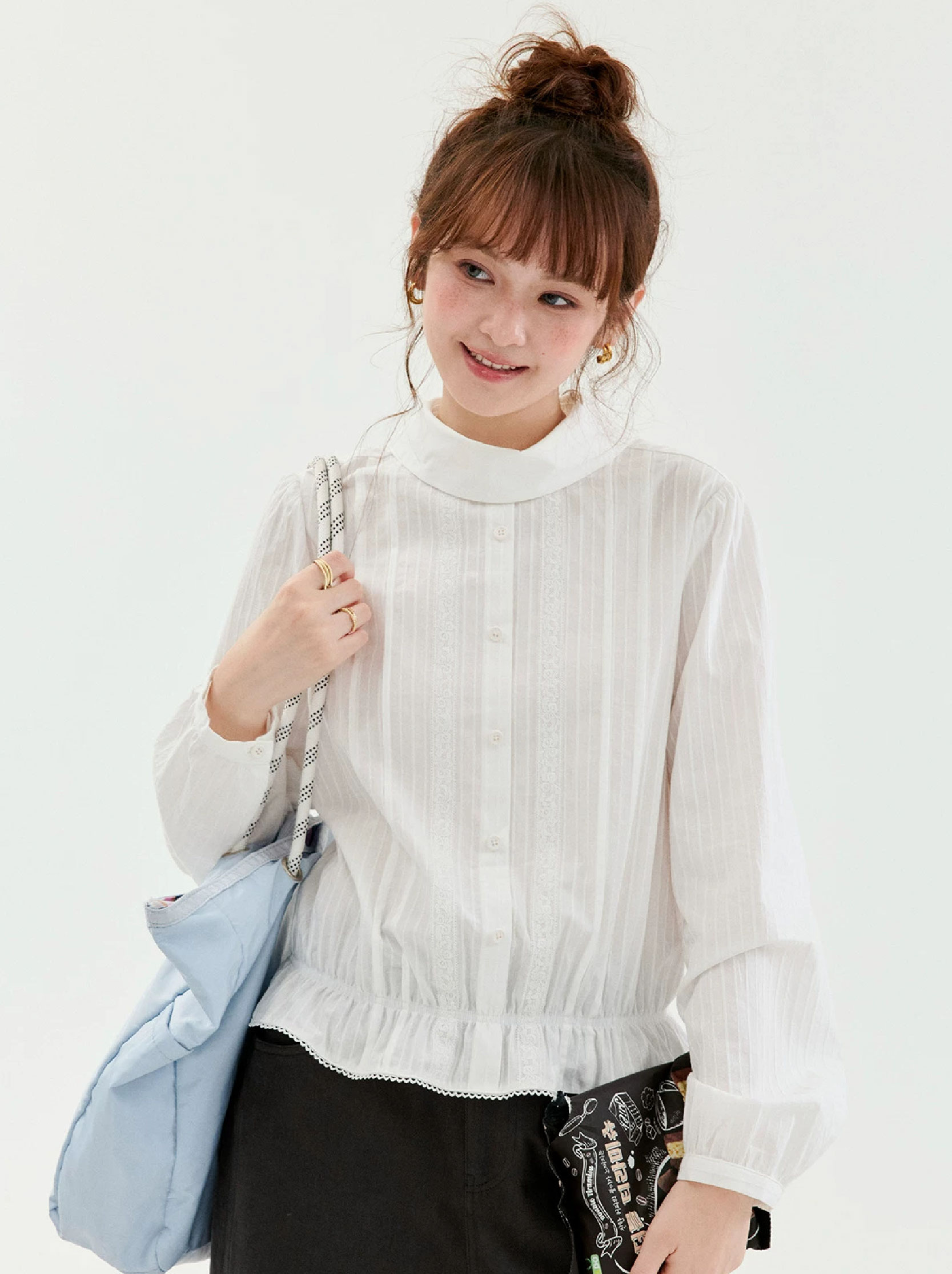 肌理感豎紋立領純棉襯衫女秋新款後鏤空長袖上衣