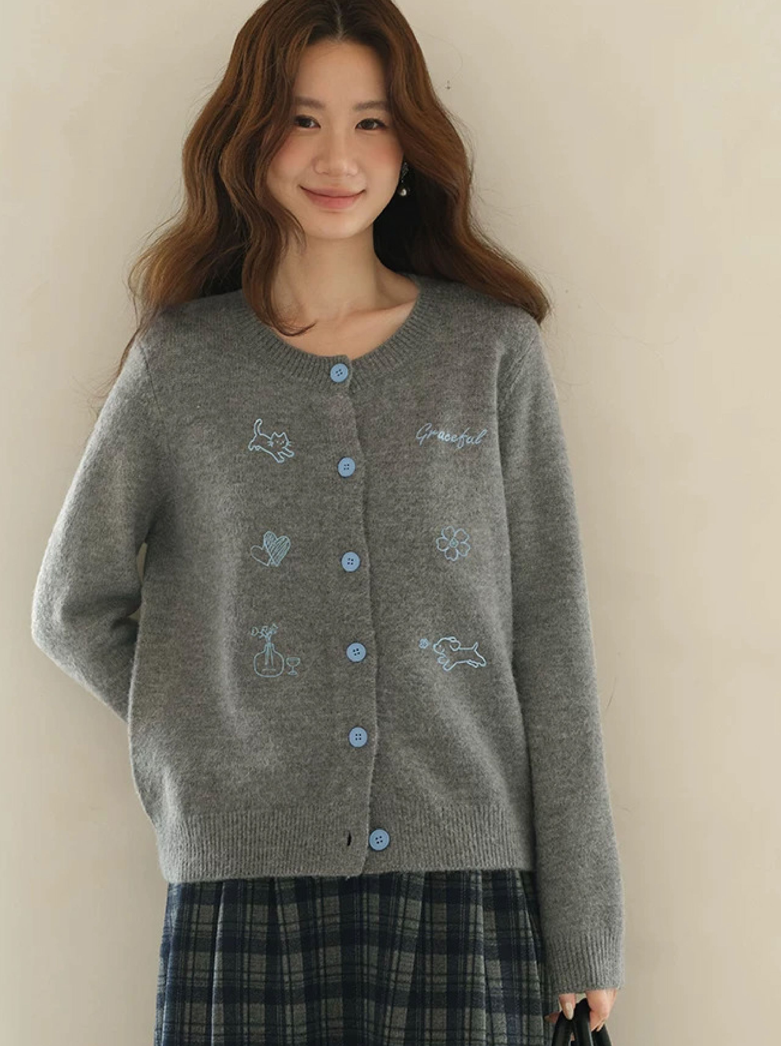 大尺碼刺繡圓領灰色毛衣開襟衫女秋冬針織衫