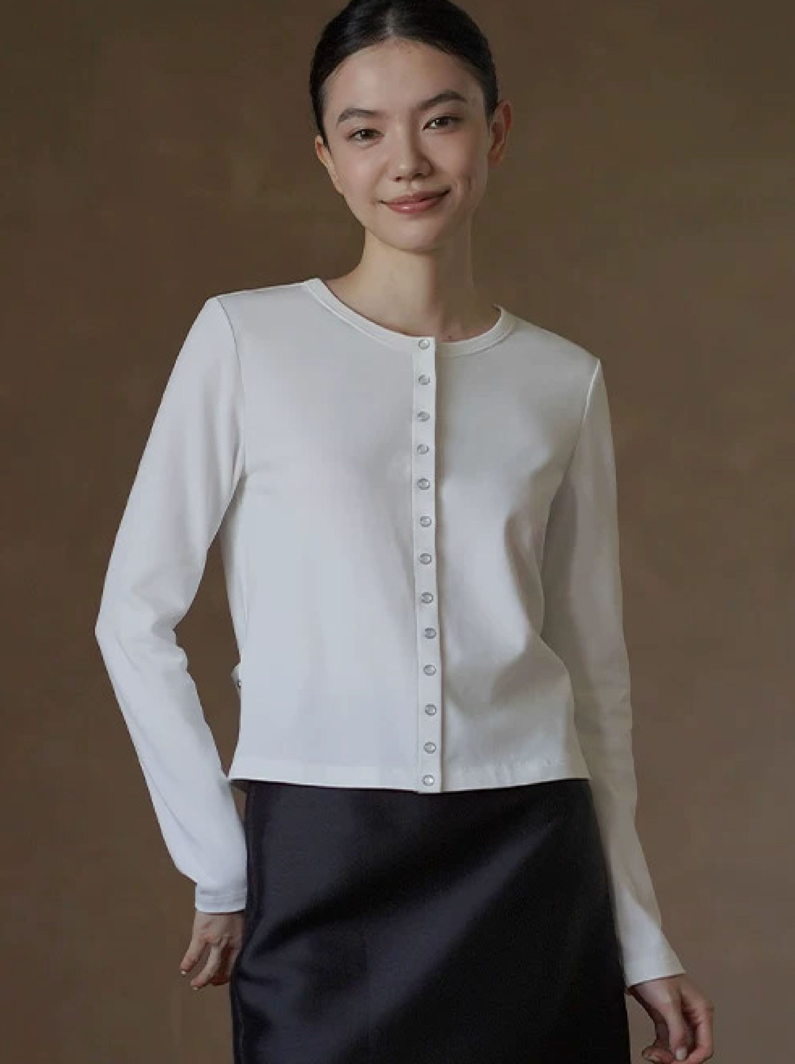 月光貓眼開門襟長袖外套顯瘦圓領微寬鬆通勤棉感上衣女