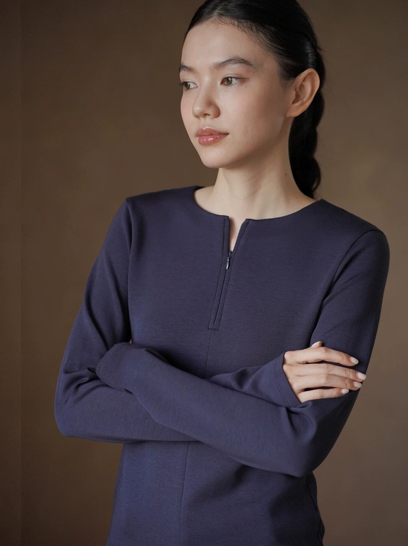 棉莫代爾混紡彈性合身顯瘦圓領半開拉鍊門襟長袖上衣女
