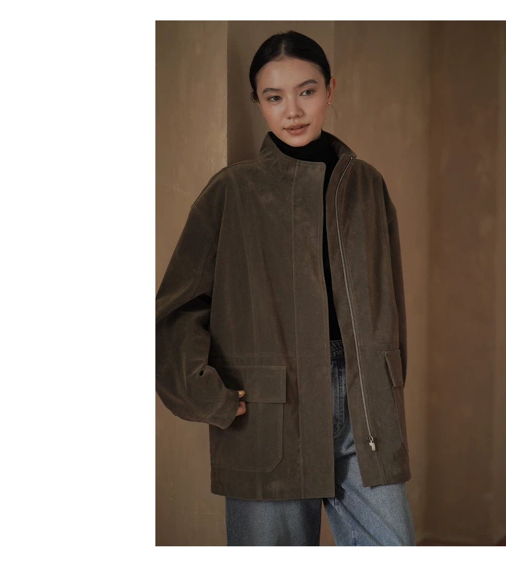 叢林探險家挺括復古麂皮立領寬鬆一手長顯瘦通勤外套女,叢林探險家挺括復古麂皮立領寬鬆一手長顯瘦通勤外套女,HBFW5012,叢林探險家挺括復古麂皮立領寬鬆一手長顯瘦通勤外套女,帥氣麂皮,立領挺版