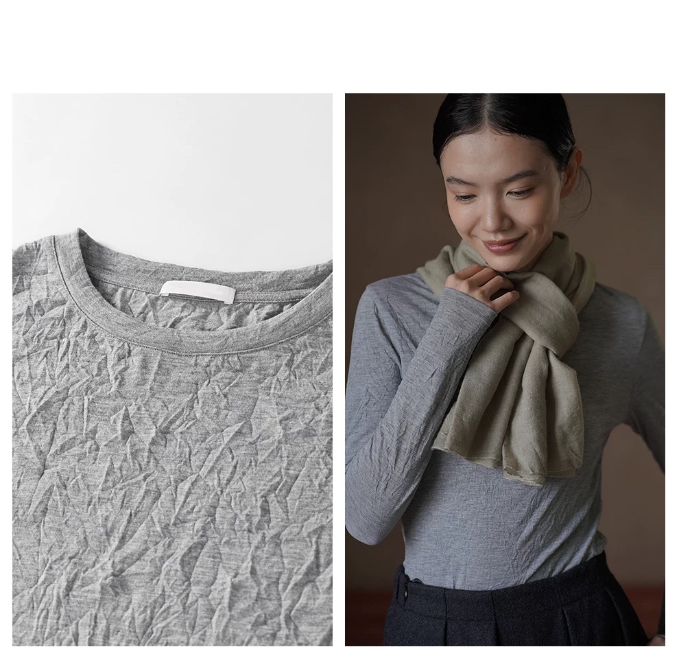 進口桑蠶絲天絲褶皺處理圓領長袖T恤合身內搭時尚上衣女,進口桑蠶絲天絲褶皺處理圓領長袖T恤合身內搭時尚上衣女,HBFW1081,進口桑蠶絲天絲褶皺處理圓領長袖T恤合身內搭時尚上衣女,面料皺摺,合身顯瘦