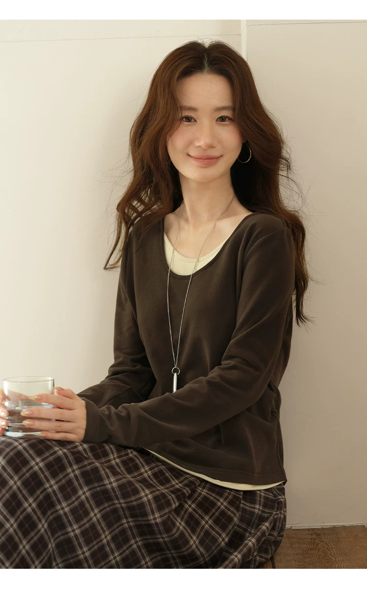 大尺碼咖色假兩件磨毛T恤女秋冬長袖上衣,大尺碼咖色假兩件磨毛T恤女秋冬長袖上衣,HBFW1056,大尺碼咖色假兩件磨毛T恤女秋冬長袖上衣,中大尺碼,假兩件式