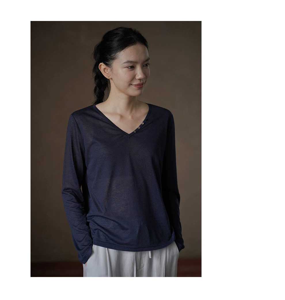 柔軟面膜T紐扣V領顯瘦亞麻混紡長袖通勤鬆弛薄上衣女,柔軟面膜T紐扣V領顯瘦亞麻混紡長袖通勤鬆弛薄上衣女,HBFW1061,柔軟面膜T紐扣V領顯瘦亞麻混紡長袖通勤鬆弛薄上衣女,單邊鈕扣,簡約俐落
