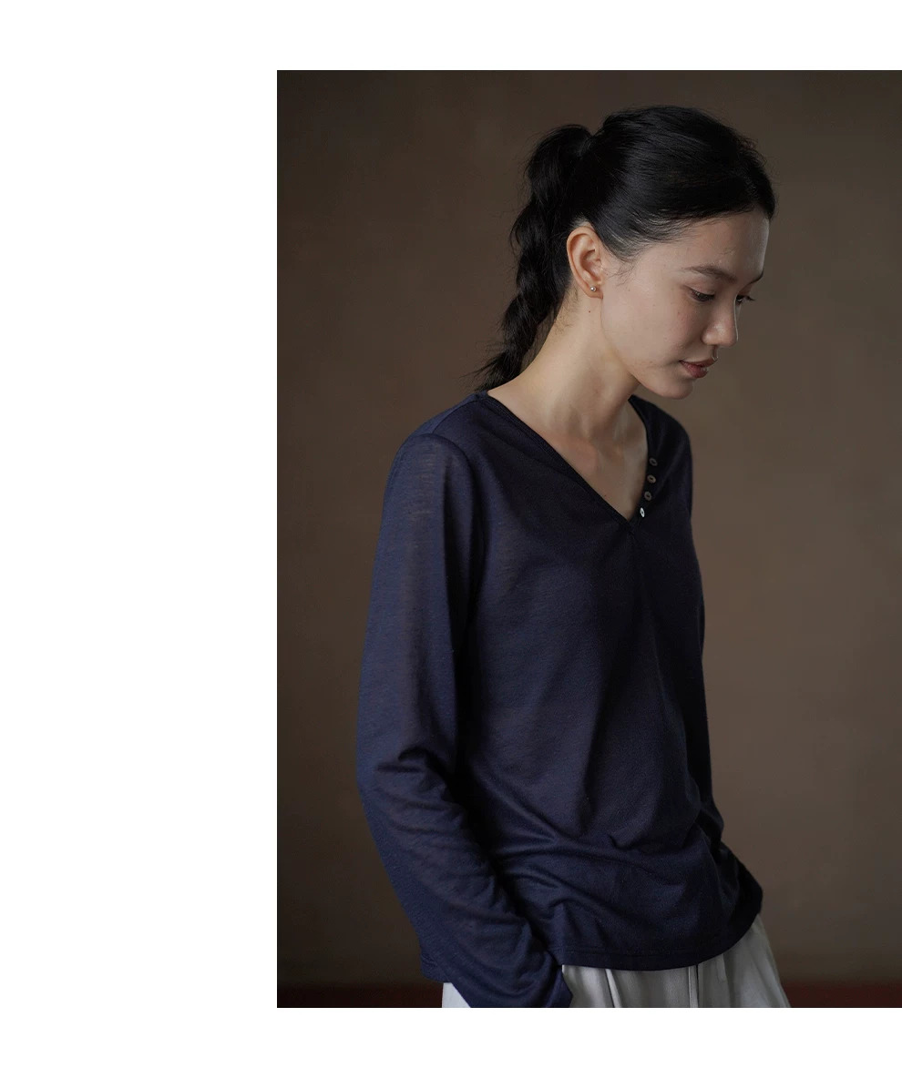 柔軟面膜T紐扣V領顯瘦亞麻混紡長袖通勤鬆弛薄上衣女,柔軟面膜T紐扣V領顯瘦亞麻混紡長袖通勤鬆弛薄上衣女,HBFW1061,柔軟面膜T紐扣V領顯瘦亞麻混紡長袖通勤鬆弛薄上衣女,單邊鈕扣,簡約俐落