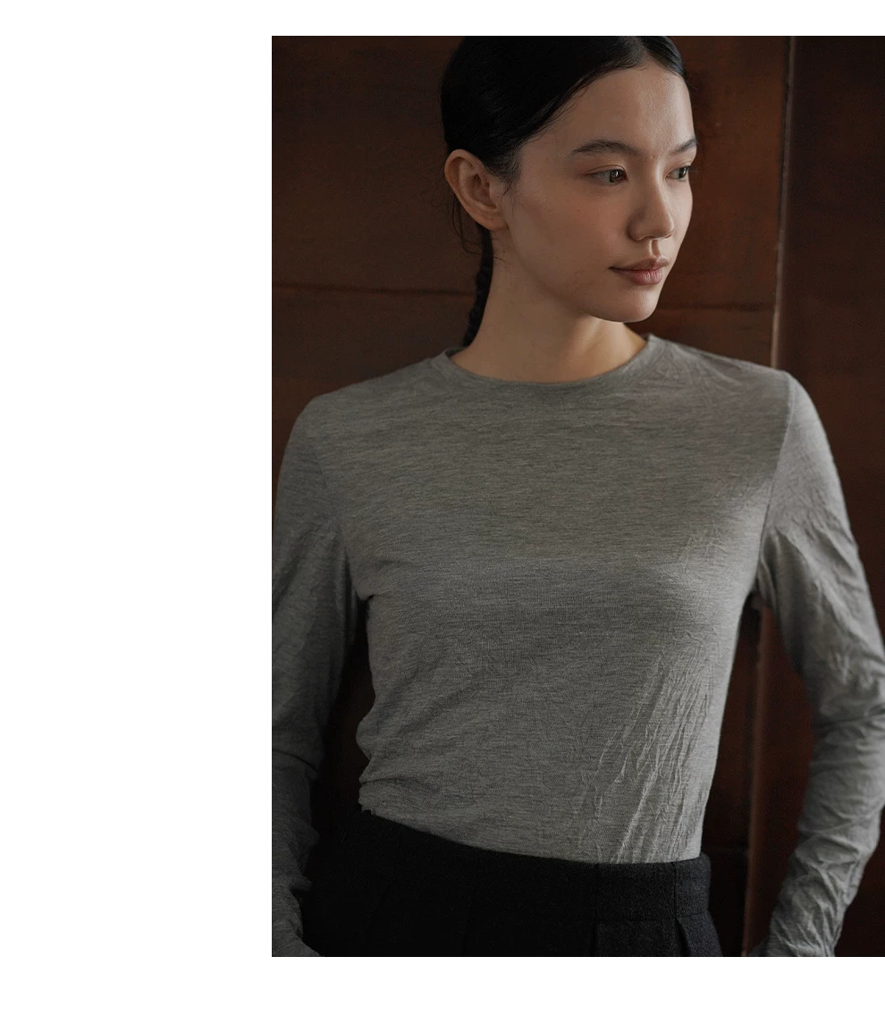 進口桑蠶絲天絲褶皺處理圓領長袖T恤合身內搭時尚上衣女,進口桑蠶絲天絲褶皺處理圓領長袖T恤合身內搭時尚上衣女,HBFW1081,進口桑蠶絲天絲褶皺處理圓領長袖T恤合身內搭時尚上衣女,面料皺摺,合身顯瘦