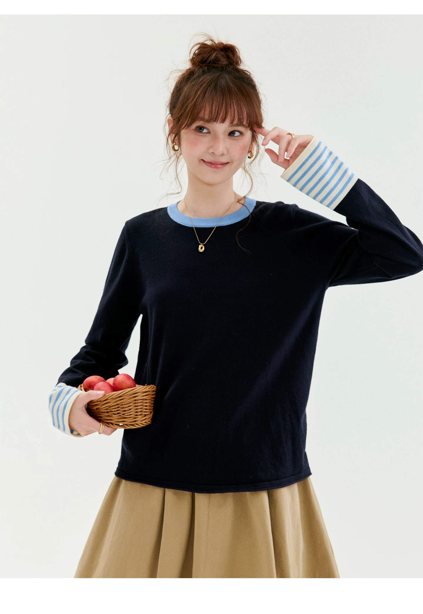 撞色拼接長袖純棉針織衫女秋季新款寬鬆圓領上衣,撞色拼接長袖純棉針織衫女秋季新款寬鬆圓領上衣,HBFW1038,撞色拼接長袖純棉針織衫女秋季新款寬鬆圓領上衣,撞色拼接,全棉面料