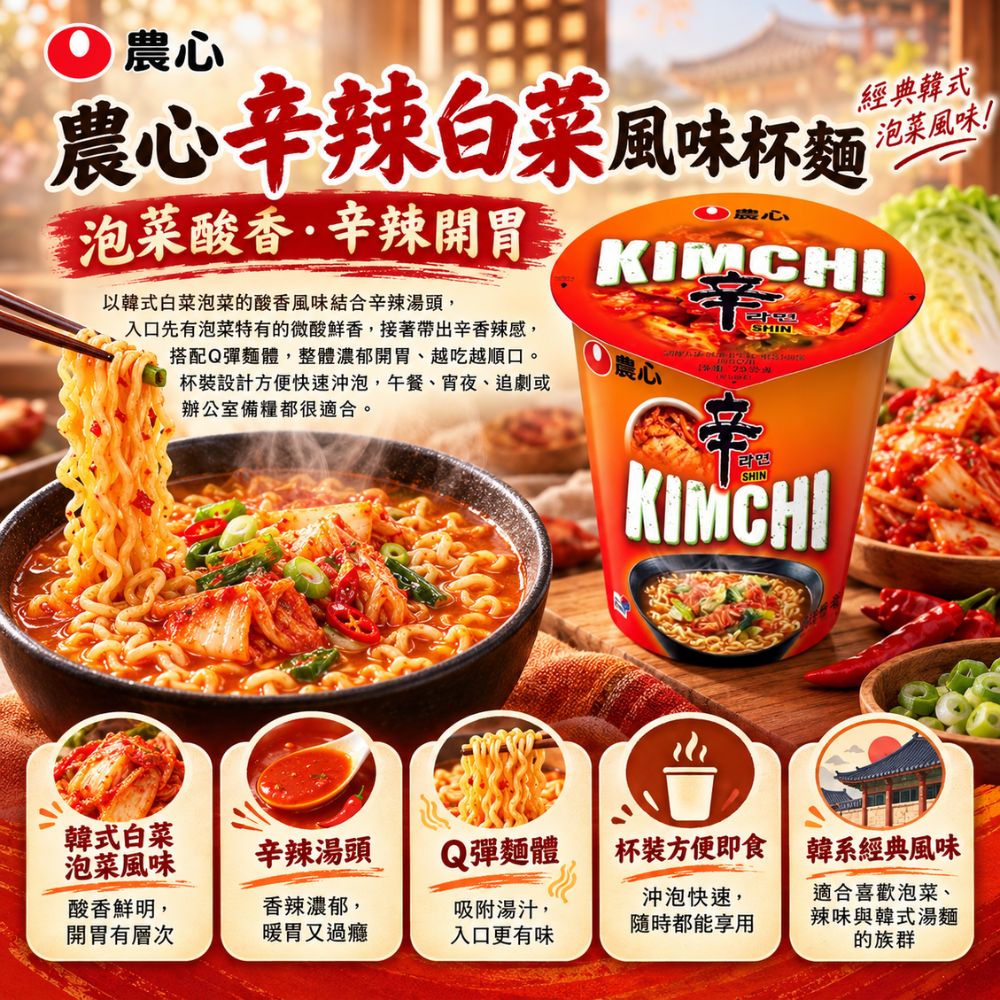 農心辛辣白菜風味杯麵,SH10000007,農心辛辣白菜風味杯麵,辛辣湯頭,Q彈麵體,杯裝即食
