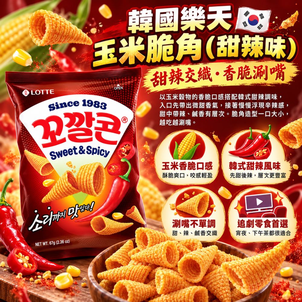 韓國樂天玉米脆角-甜辣味,SH10000074,韓國樂天玉米脆角-甜辣味,韓式甜辣風味,零食首選,濃郁玉米香