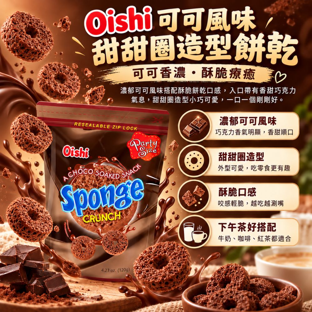 Oishi 可可風味風味甜甜圈造型餅乾,EL10000005,Oishi可可風味風味甜甜圈造型餅乾,甜甜圈造型,酥脆口感,濃郁可可味
