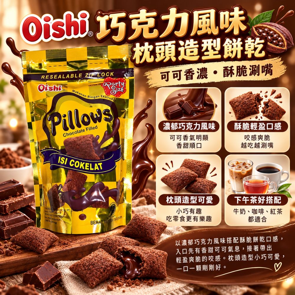 Oishi 巧克力風味枕頭造型餅乾,EL10000007,Oishi巧克力風味枕頭造型餅乾,酥脆輕盈口感,枕頭造型,濃郁巧克力味