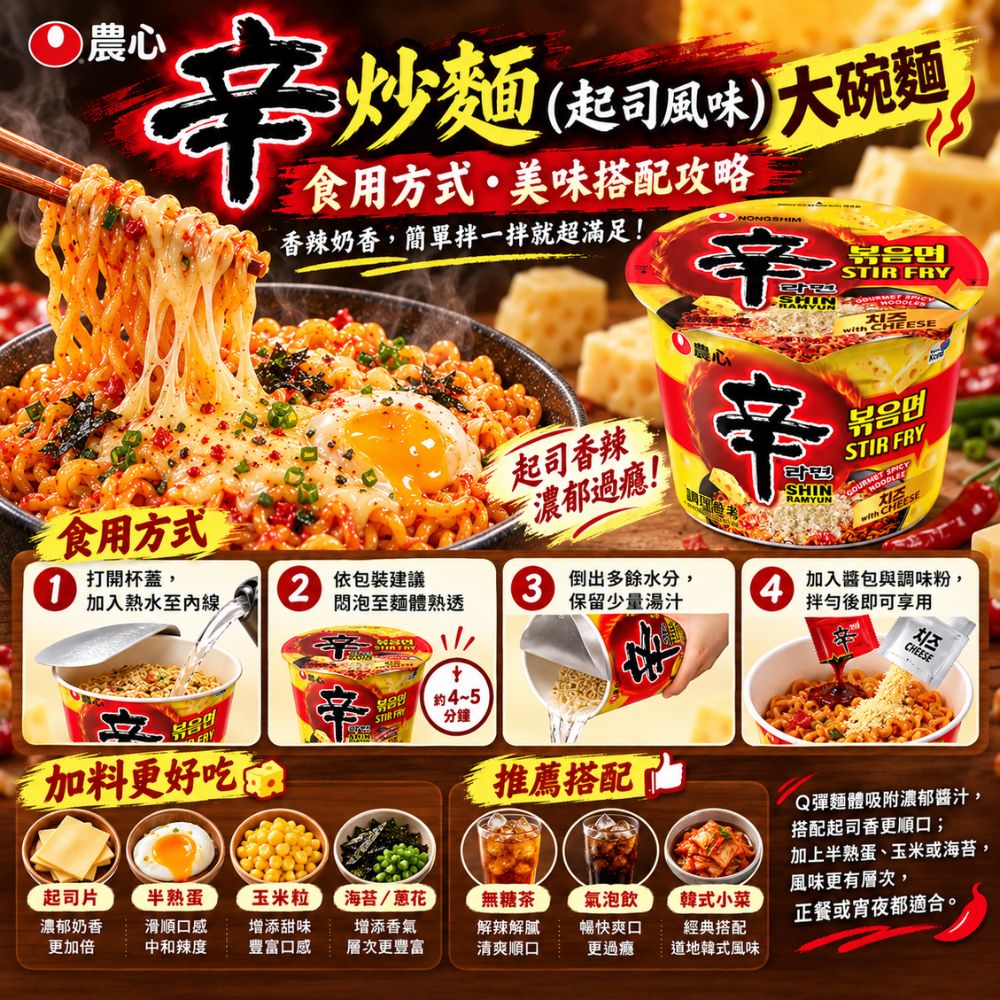 農心辛炒麵(起司風味)大碗麵,SH10000065,農心辛炒麵(起司風味)大碗麵,大碗份量,辛香夠味,Q彈口感