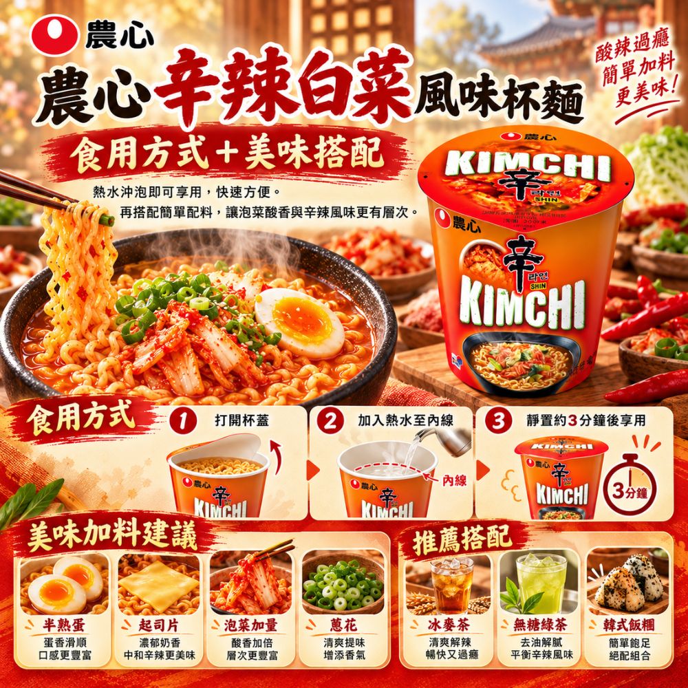 農心辛辣白菜風味杯麵,SH10000007,農心辛辣白菜風味杯麵,辛辣湯頭,Q彈麵體,杯裝即食
