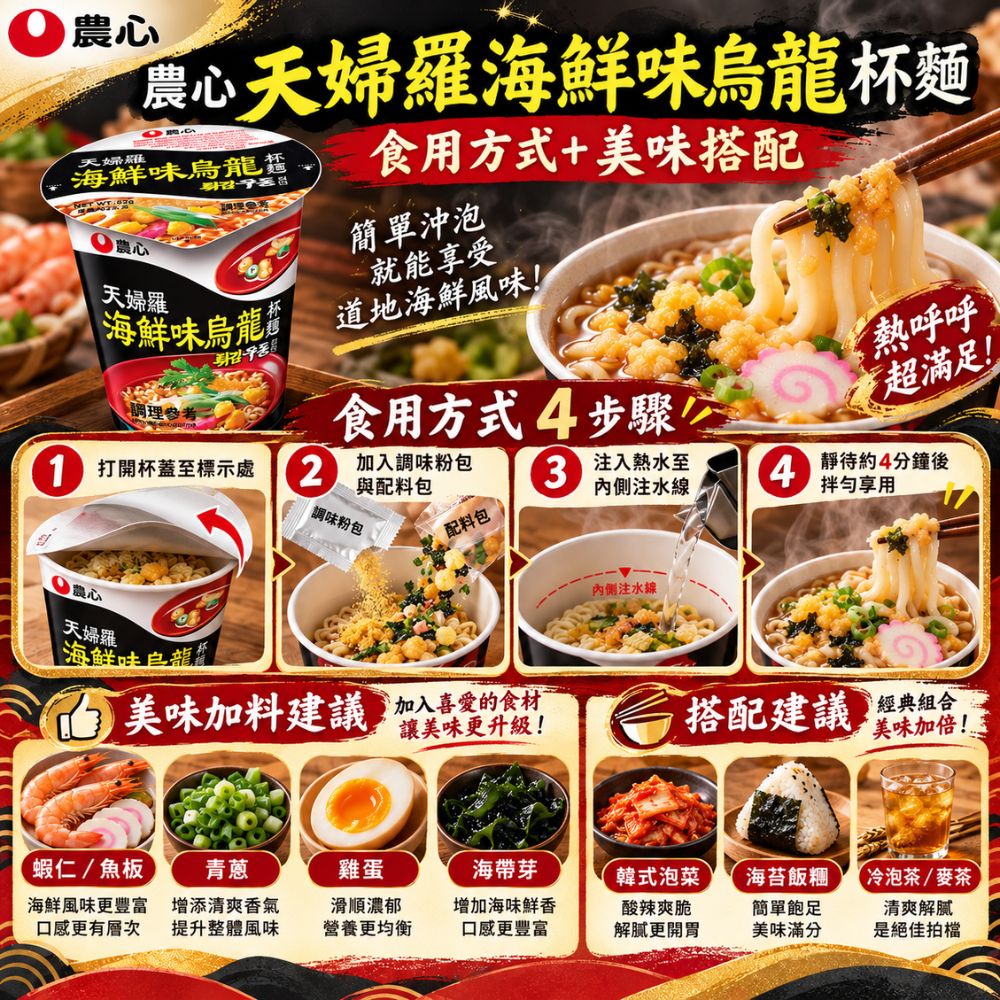 農心天婦羅海鮮味烏龍杯麵,SH10000050,農心天婦羅海鮮味烏龍杯麵,天婦羅風味配料,Q彈麵體,杯裝即食