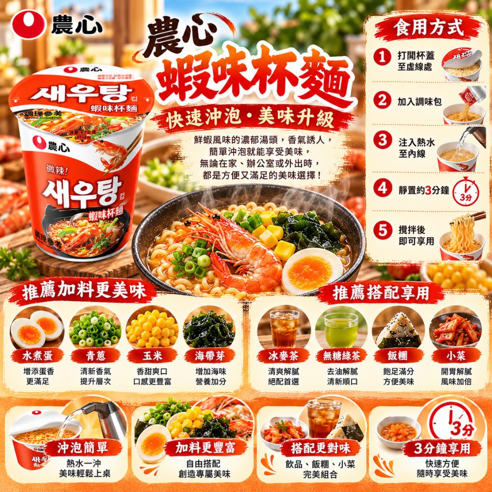 農心蝦味杯麵,SH10000048,農心蝦味杯麵,鮮蝦風味,Q彈麵體,杯裝即食
