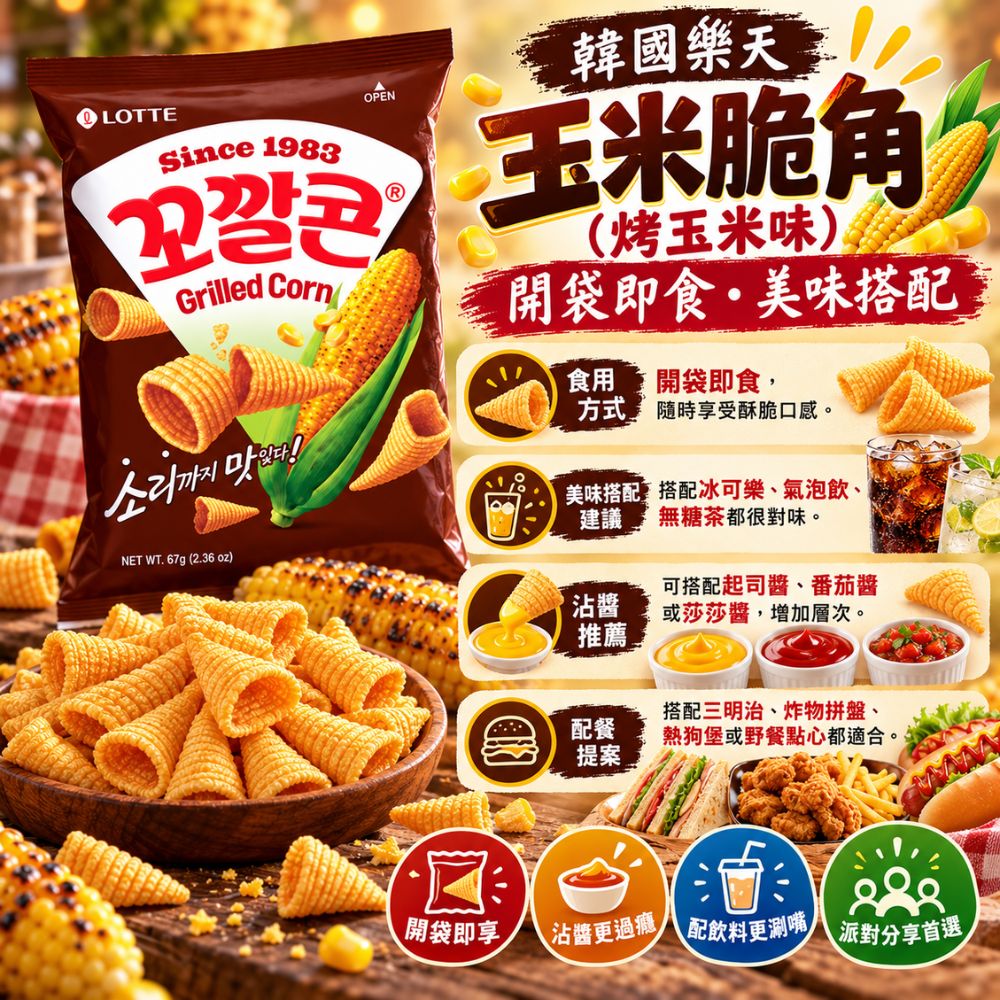 韓國樂天玉米脆角-烤玉米味,SH10000076,韓國樂天玉米脆角-烤玉米味,鹹香涮嘴,零食首選,濃郁烤玉米香