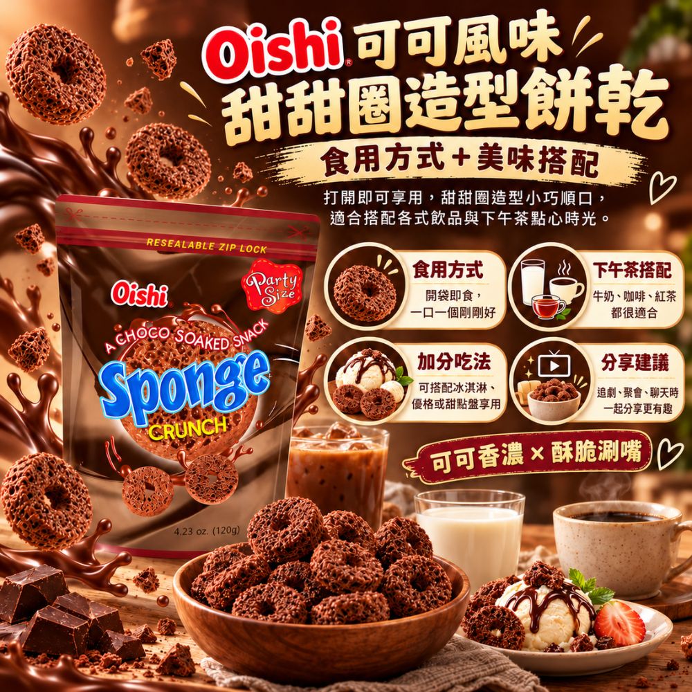 Oishi 可可風味風味甜甜圈造型餅乾,EL10000005,Oishi可可風味風味甜甜圈造型餅乾,甜甜圈造型,酥脆口感,濃郁可可味
