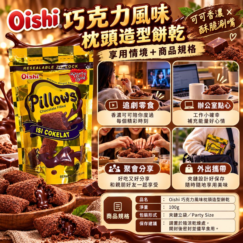 Oishi 巧克力風味枕頭造型餅乾,EL10000007,Oishi巧克力風味枕頭造型餅乾,酥脆輕盈口感,枕頭造型,濃郁巧克力味
