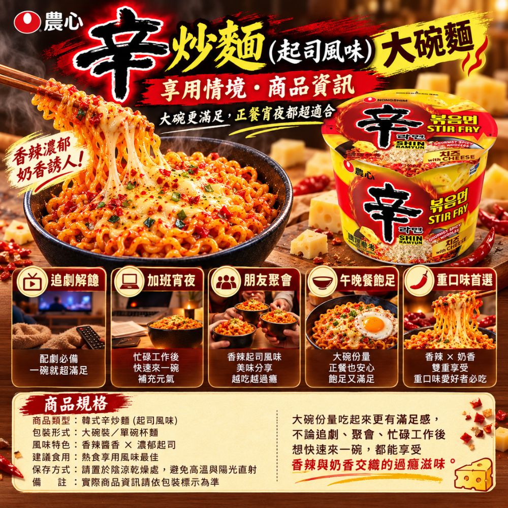 農心辛炒麵(起司風味)大碗麵,SH10000065,農心辛炒麵(起司風味)大碗麵,大碗份量,辛香夠味,Q彈口感