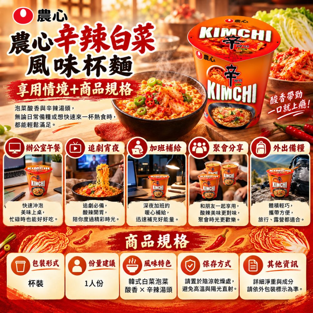 農心辛辣白菜風味杯麵,SH10000007,農心辛辣白菜風味杯麵,辛辣湯頭,Q彈麵體,杯裝即食