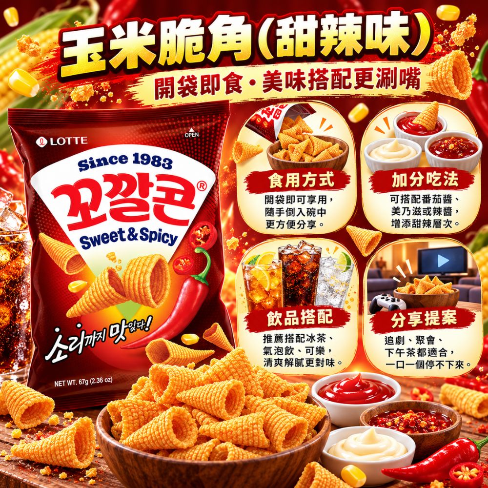 韓國樂天玉米脆角-甜辣味,SH10000074,韓國樂天玉米脆角-甜辣味,韓式甜辣風味,零食首選,濃郁玉米香
