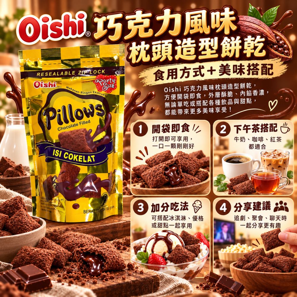 Oishi 巧克力風味枕頭造型餅乾,EL10000007,Oishi巧克力風味枕頭造型餅乾,酥脆輕盈口感,枕頭造型,濃郁巧克力味