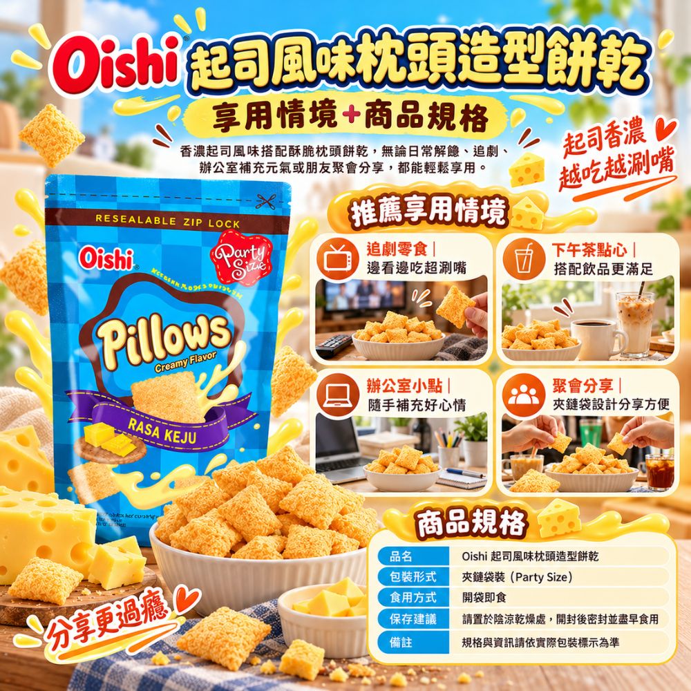Oishi 起司風味枕頭造型餅乾,EL10000009,Oishi起司風味枕頭造型餅乾,酥脆輕盈口感,枕頭造型,濃郁起司風味