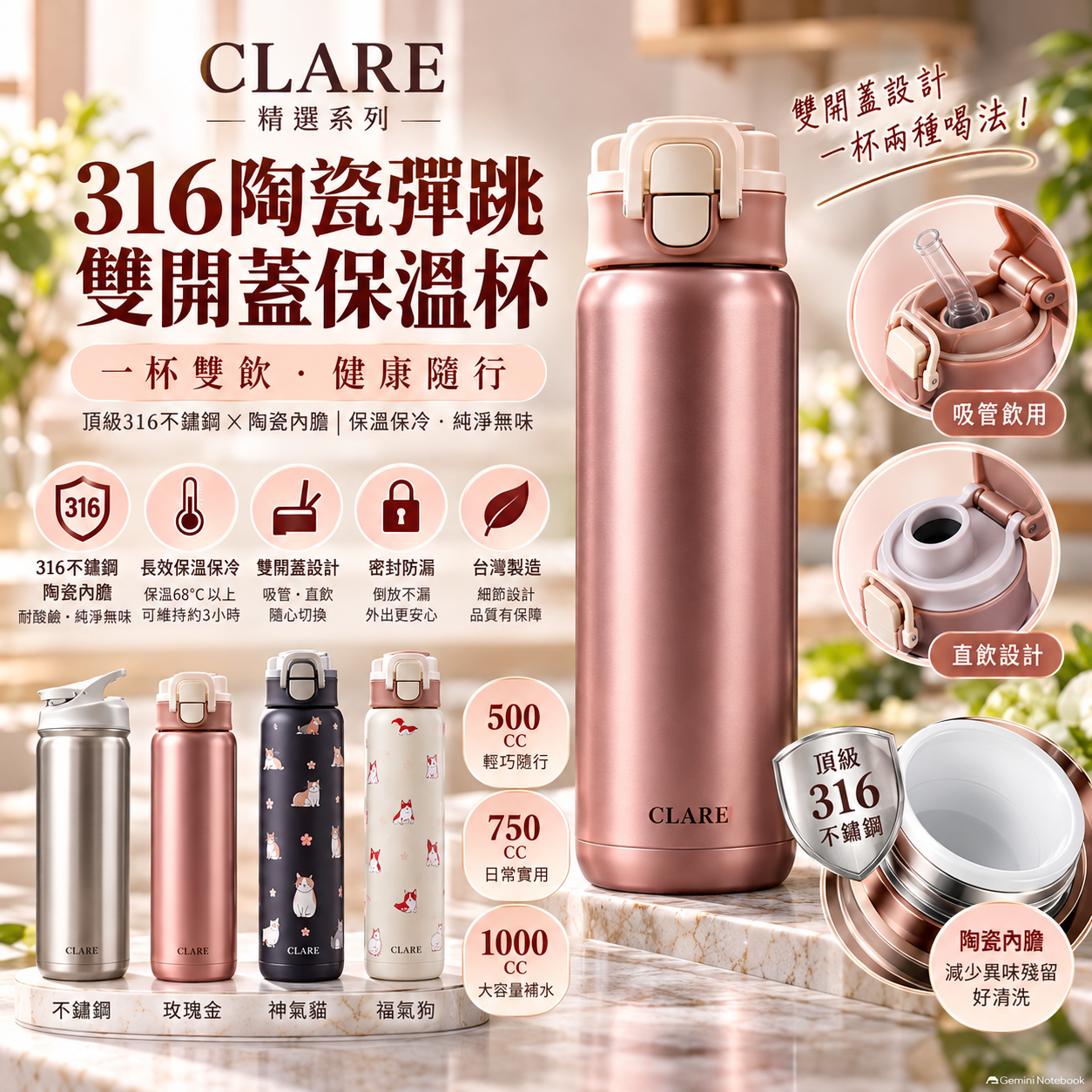M136-M138【CLARE】316陶瓷彈跳雙開蓋保溫杯