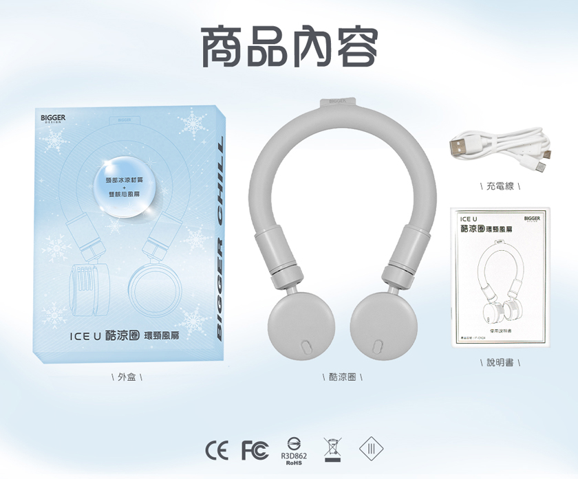 M185【BIGGER】ICE U 酷涼圈 環頸風扇,莫蘭迪風扇,Type-C充電風扇,戶外消暑,免手持風扇,隨身風扇