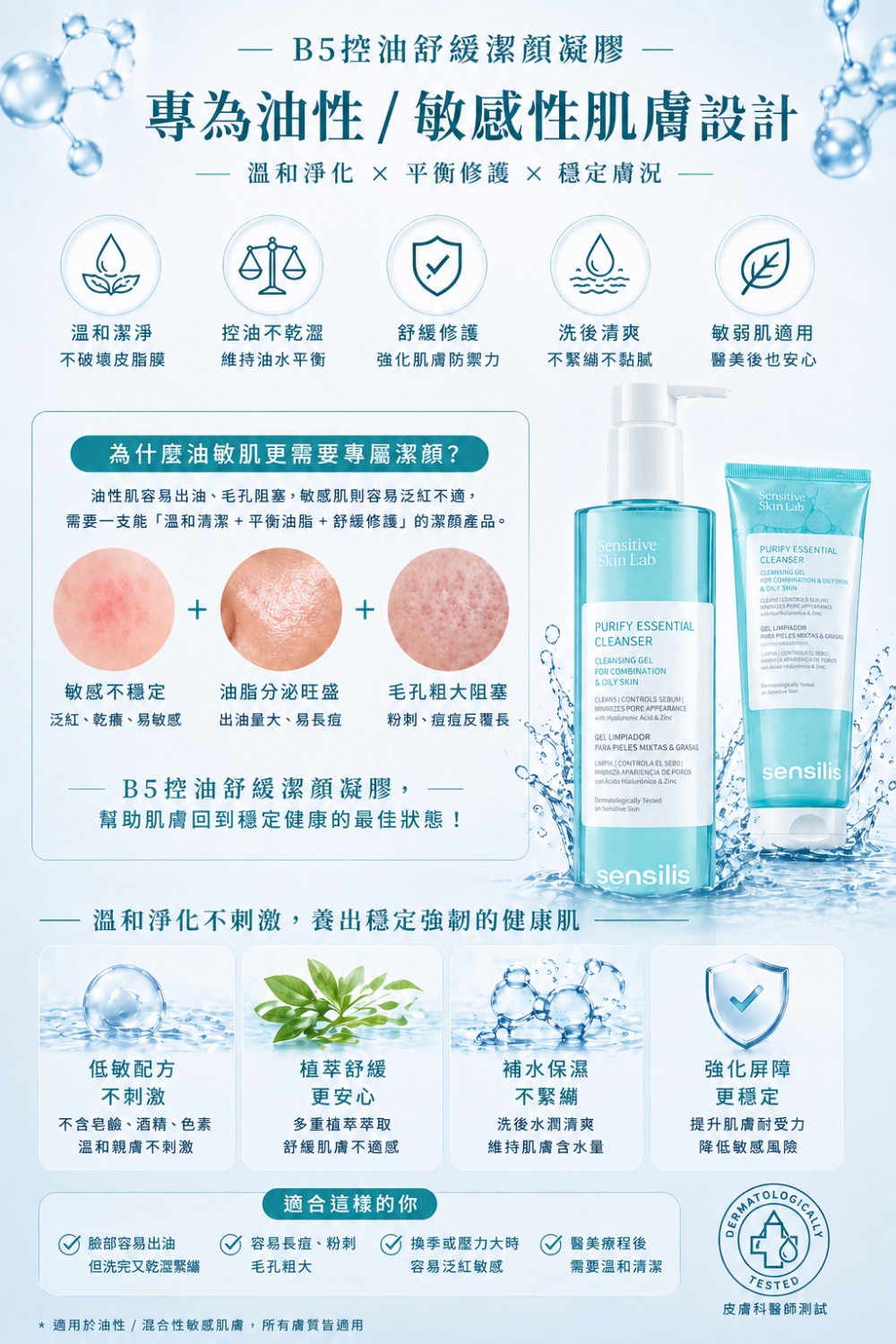 M159【SENSILIS森思黎絲】B5控油舒緩潔顏凝膠,臉部身體兩用潔膚,易長痘肌膚,平衡水油,毛孔清潔,玻尿酸保濕