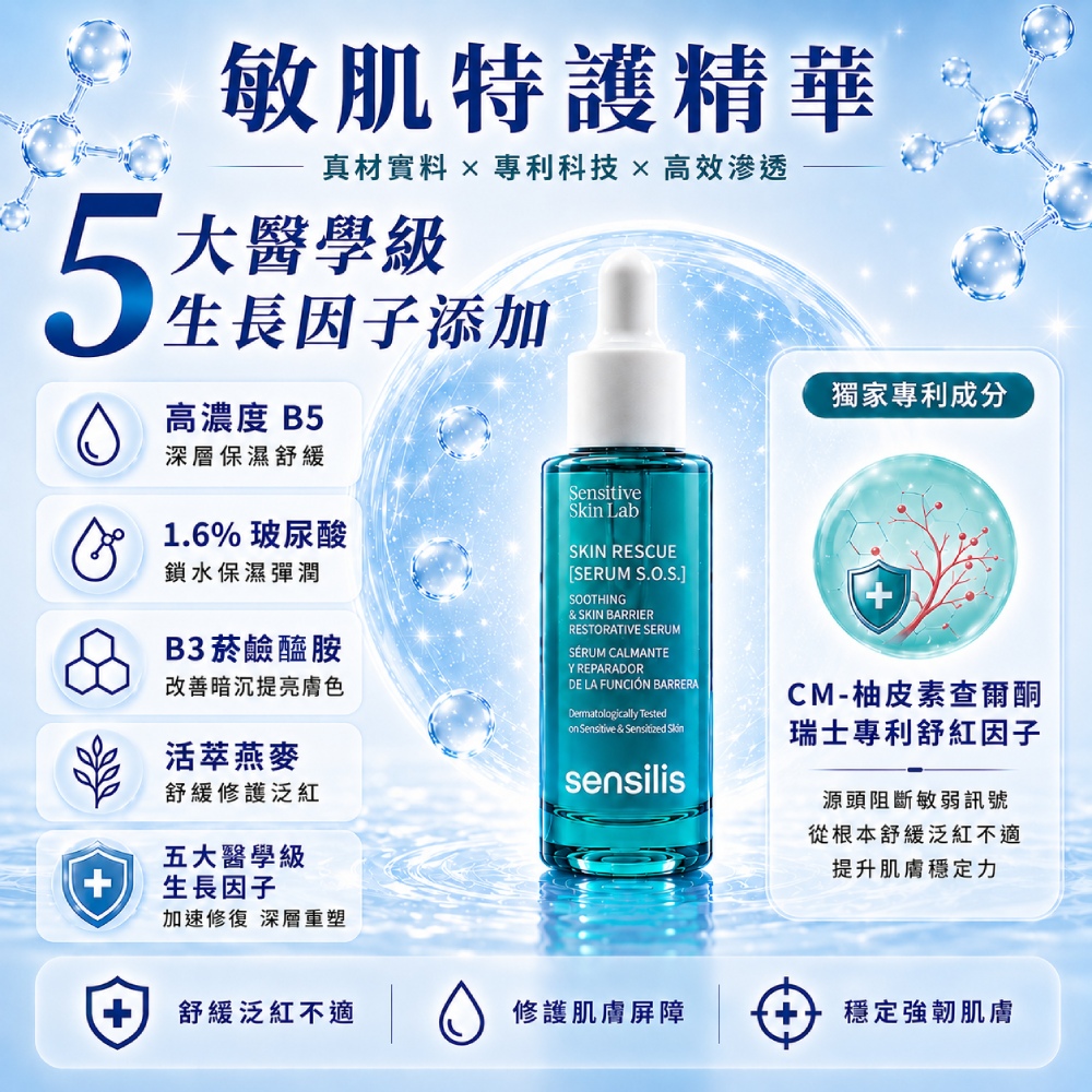 M161【SENSILIS森思黎絲】SOS極效舒緩修護精華,美容後保養,沒藥醇,屏障修護,曬後舒緩,刷酸修護
