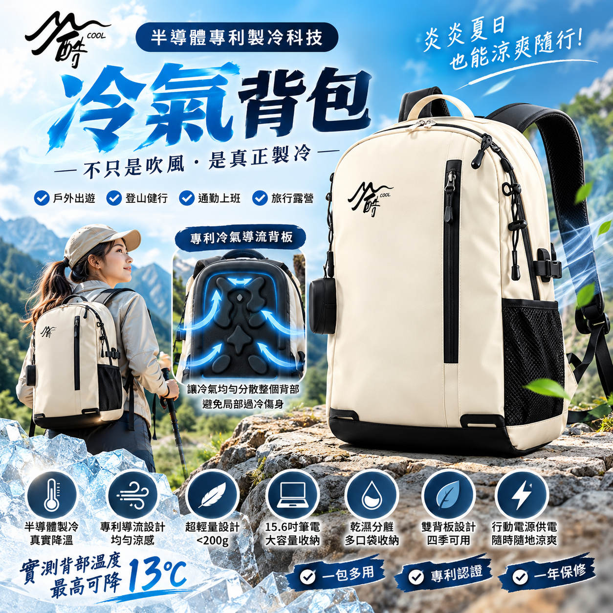 M125【酷COOL】多功能冷氣背包,專利冷氣背包,防潑水後背包,行動電源供電背包,夏天消暑,乾濕分離後背包