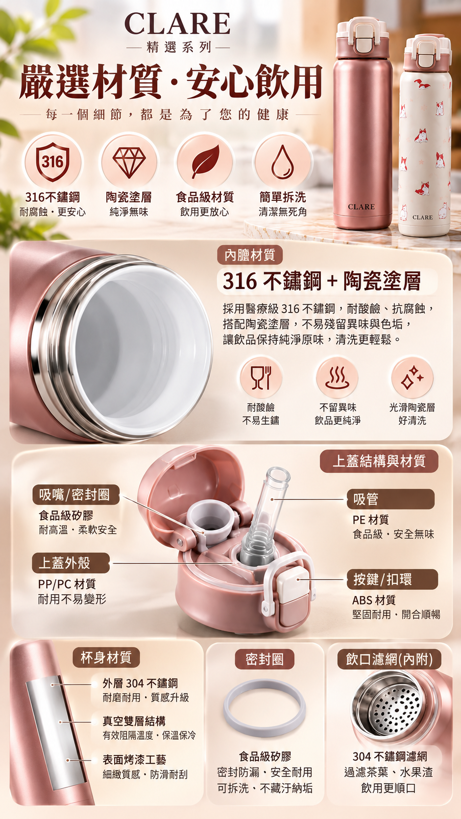 M136-M138【CLARE】316陶瓷彈跳雙開蓋保溫杯,附茶葉濾網,台灣製造保溫杯,500ml水壺,750ml保溫杯,1000ml保溫杯