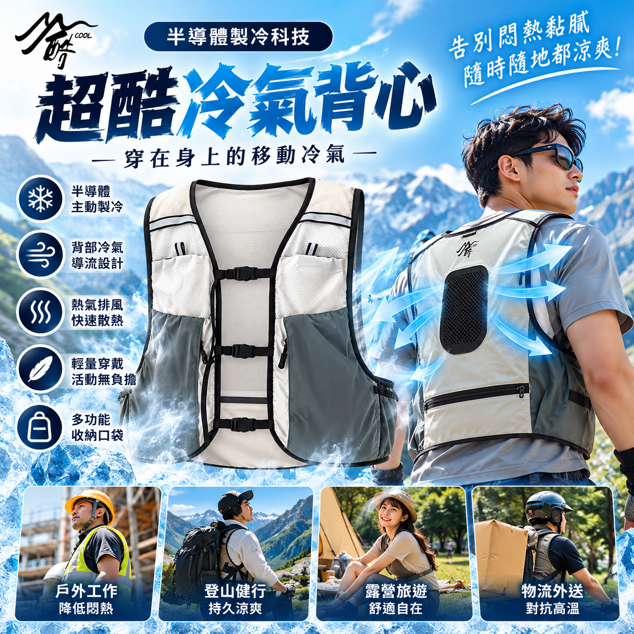 M124 【酷COOL】超酷冷氣背心,可拆卸製冷背心,戶外消暑神器,登山涼感背心,專利冷氣導流,工地防中暑