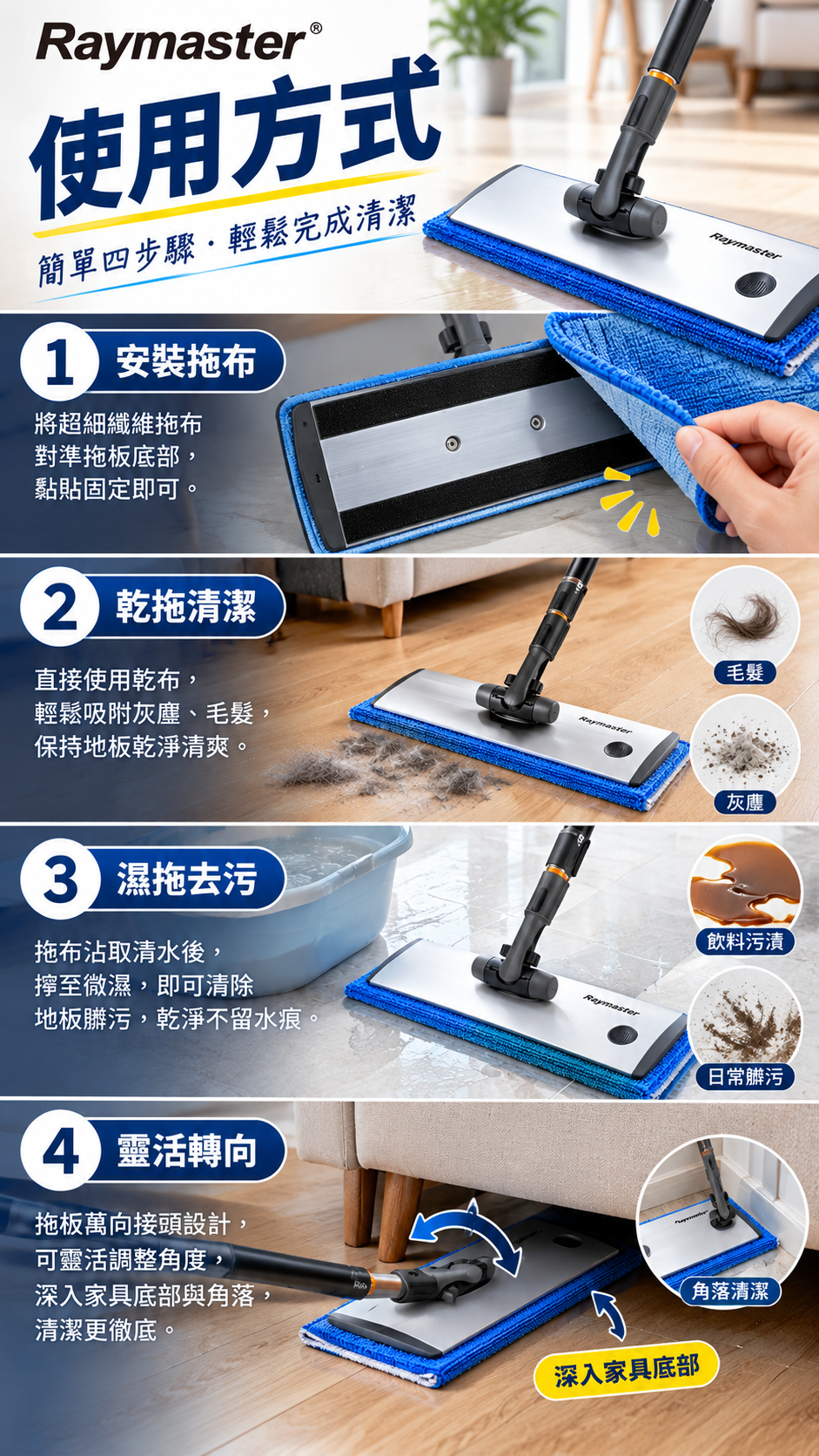 M151-M152【Raymaster】環保鋁合金魔術拖把,居家清潔工具,免清潔劑拖把,黏扣式拖把,寵物毛髮拖把,萬向靈活拖把