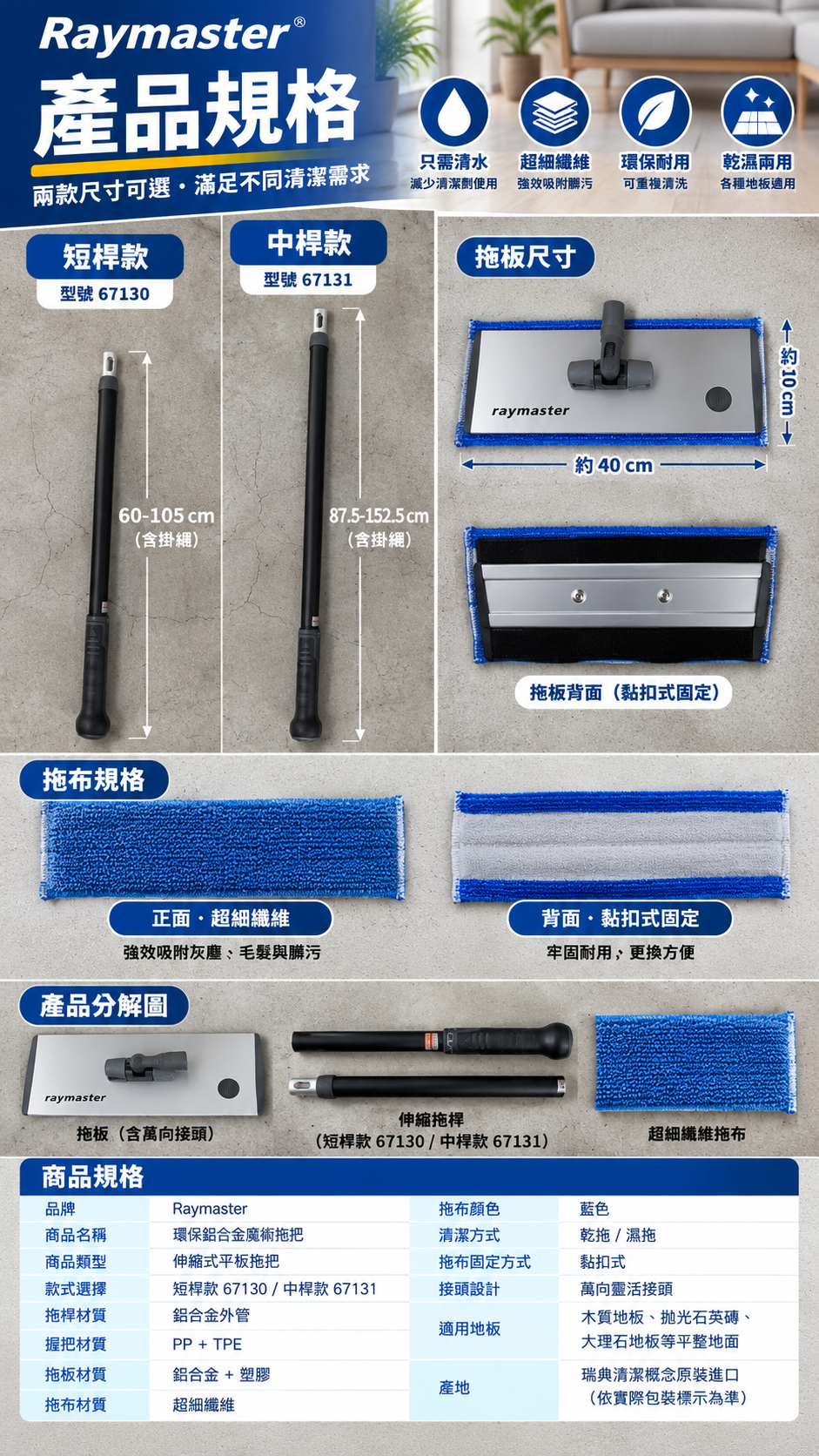 M151-M152【Raymaster】環保鋁合金魔術拖把,居家清潔工具,免清潔劑拖把,黏扣式拖把,寵物毛髮拖把,萬向靈活拖把