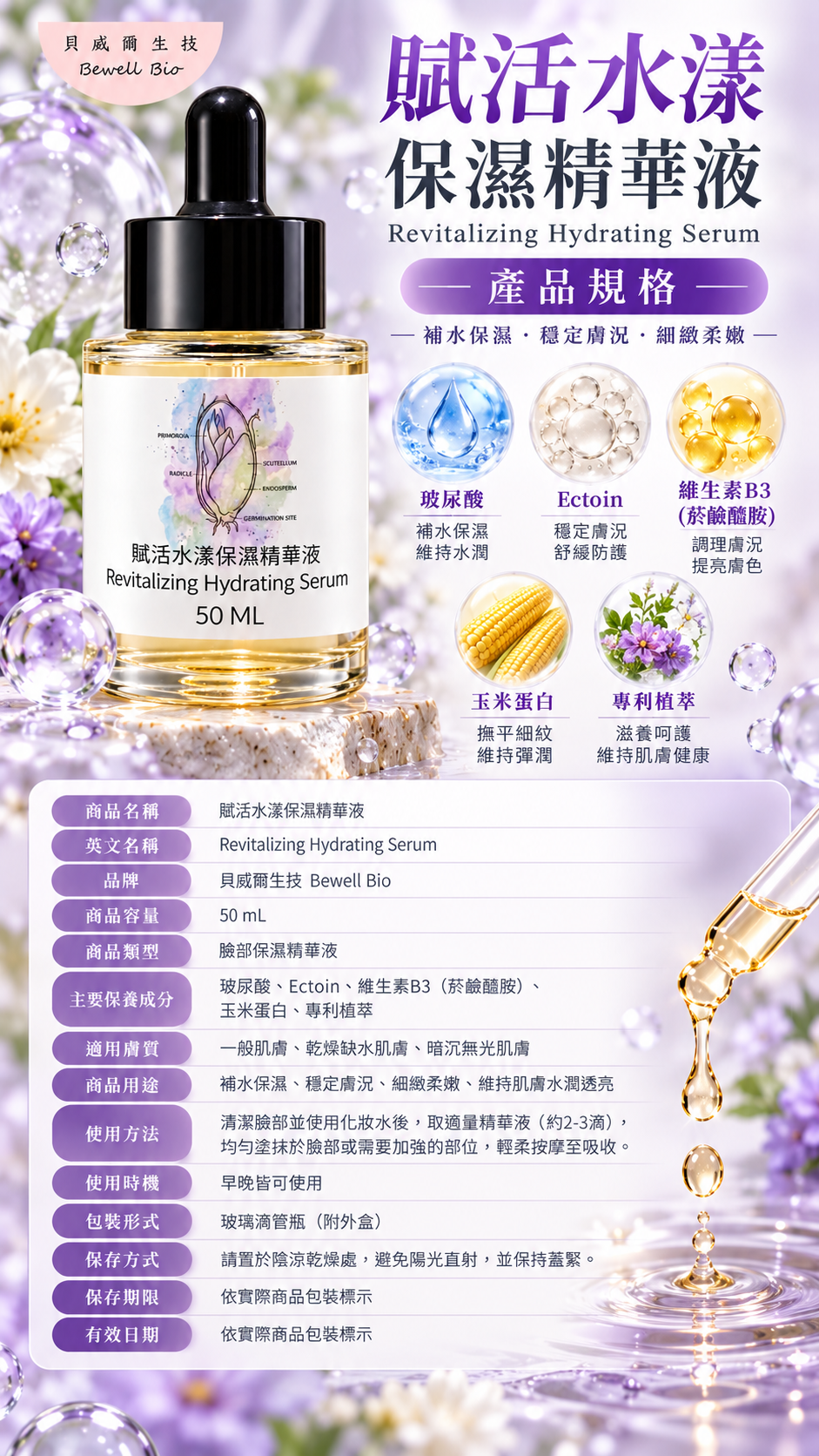 M179【貝威爾生技】賦活水漾保濕精華液,清爽保濕精華,50ml精華液,滴管精華液,換季保濕,改善暗沉