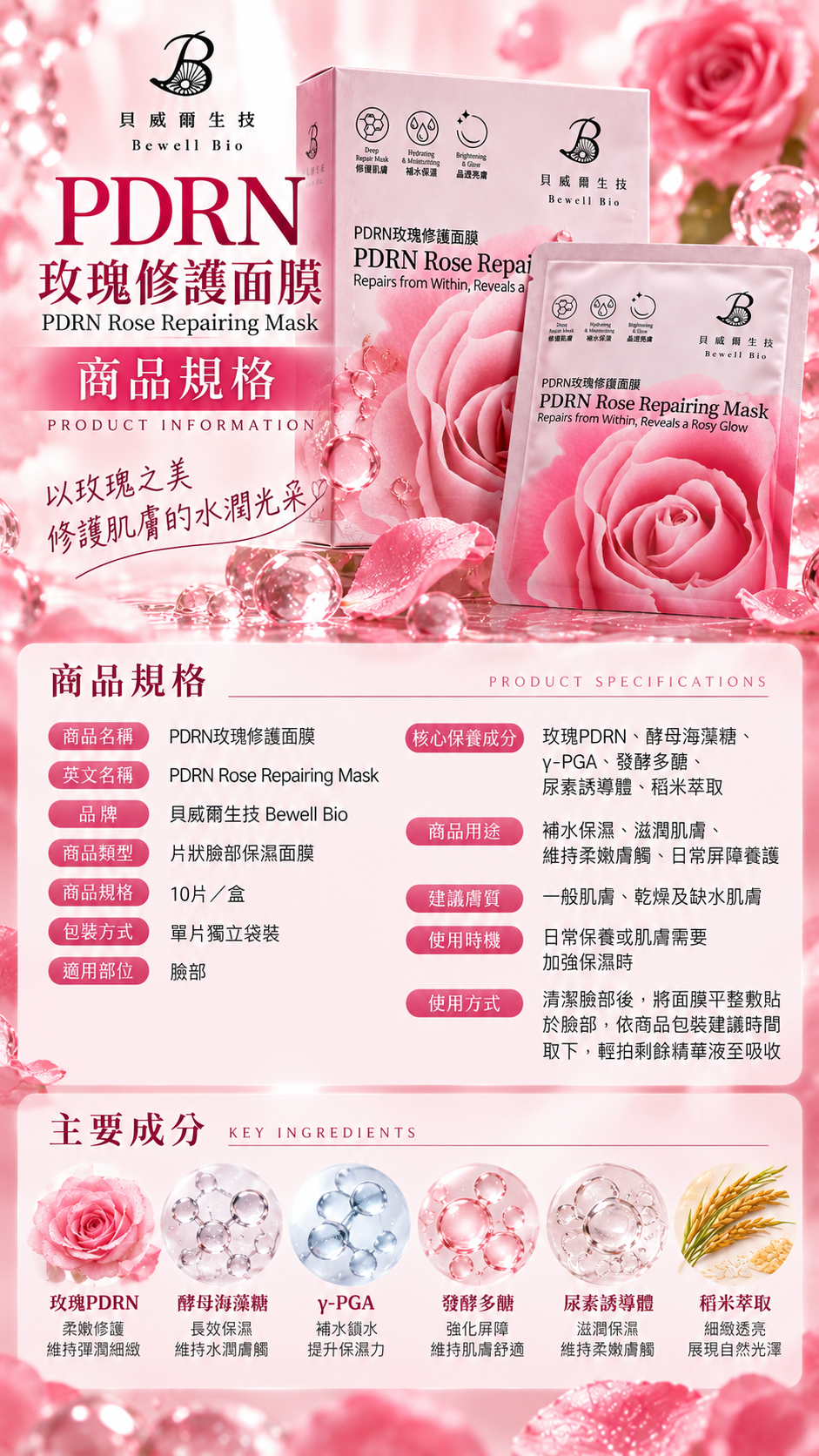 M178【貝威爾生技】PDRN玫瑰修護面膜,10入面膜,獨立包裝面膜,水光面膜,換季乾燥,冷氣房保濕