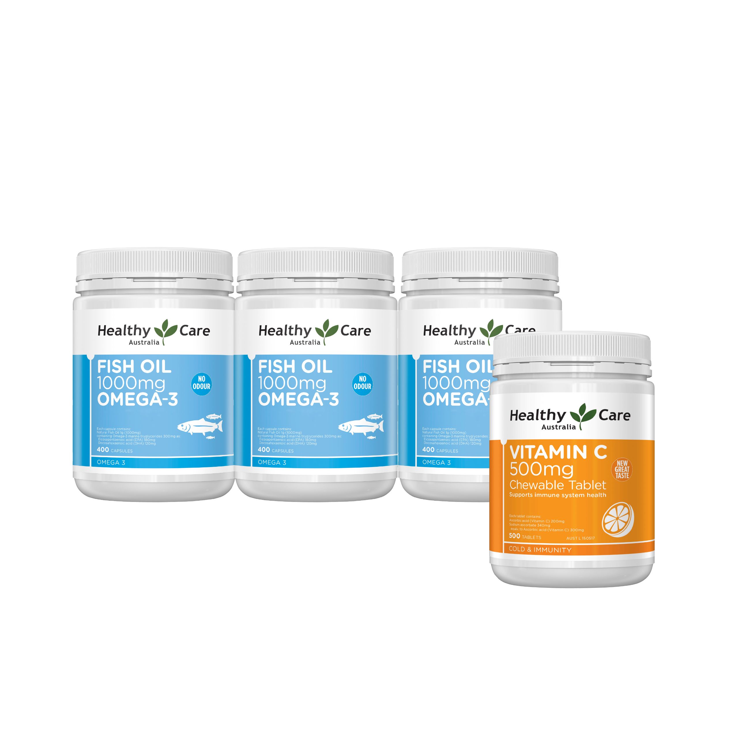 敬老骨力輕巧組｜澳洲深海魚油 Omega-3膠囊 (400顆)*3+維他命C 500mg 咀嚼錠 (500顆)*1