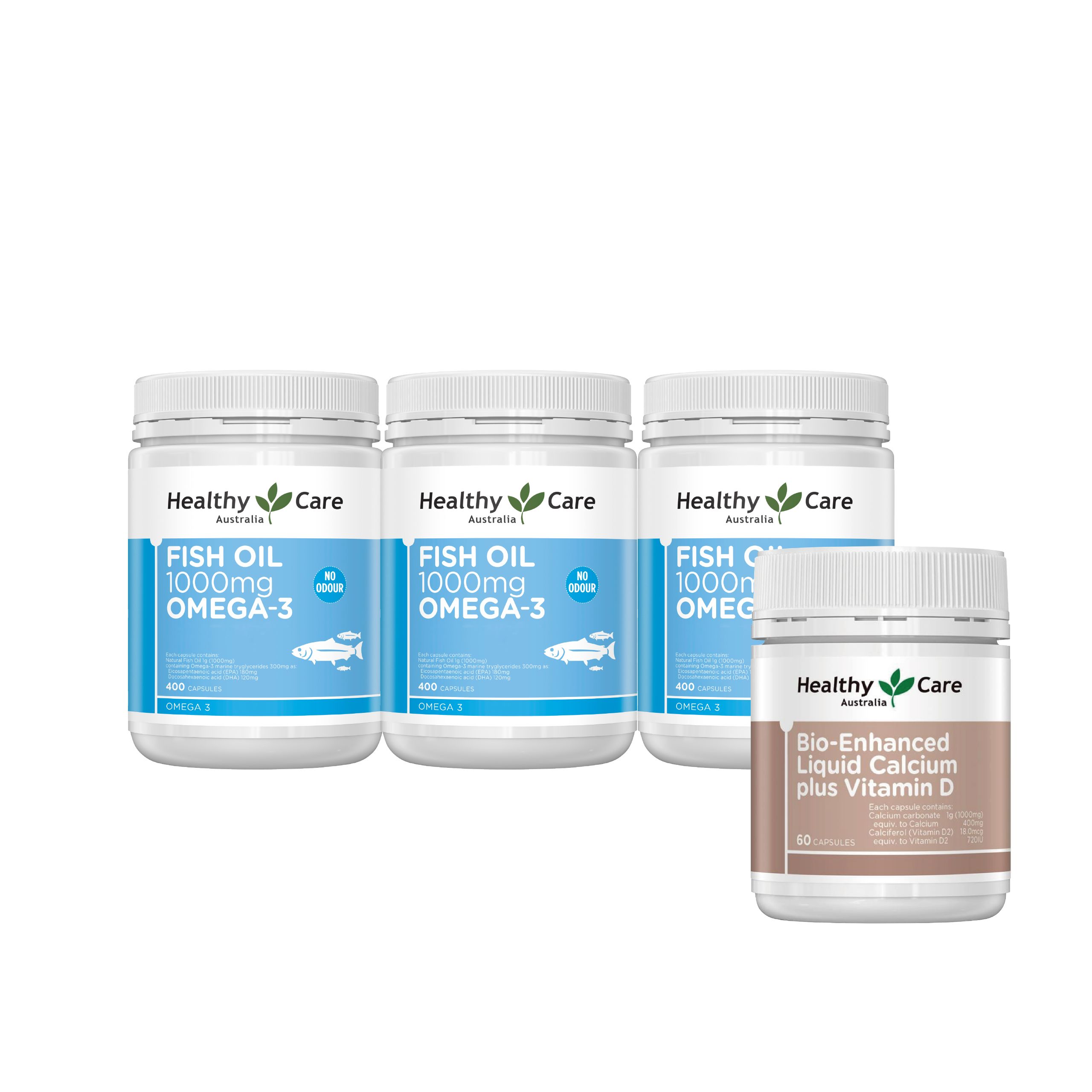 敬老骨力雙享組｜澳洲深海魚油 Omega-3膠囊 (400顆)*3+液態鈣Plus維生素D膠囊(60顆)*1